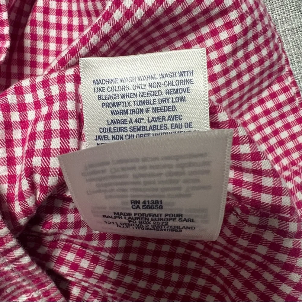 Ralph Lauren 12 Months Pink White Gingham Plaid Dress Long‎ Sleeves Roll Tab